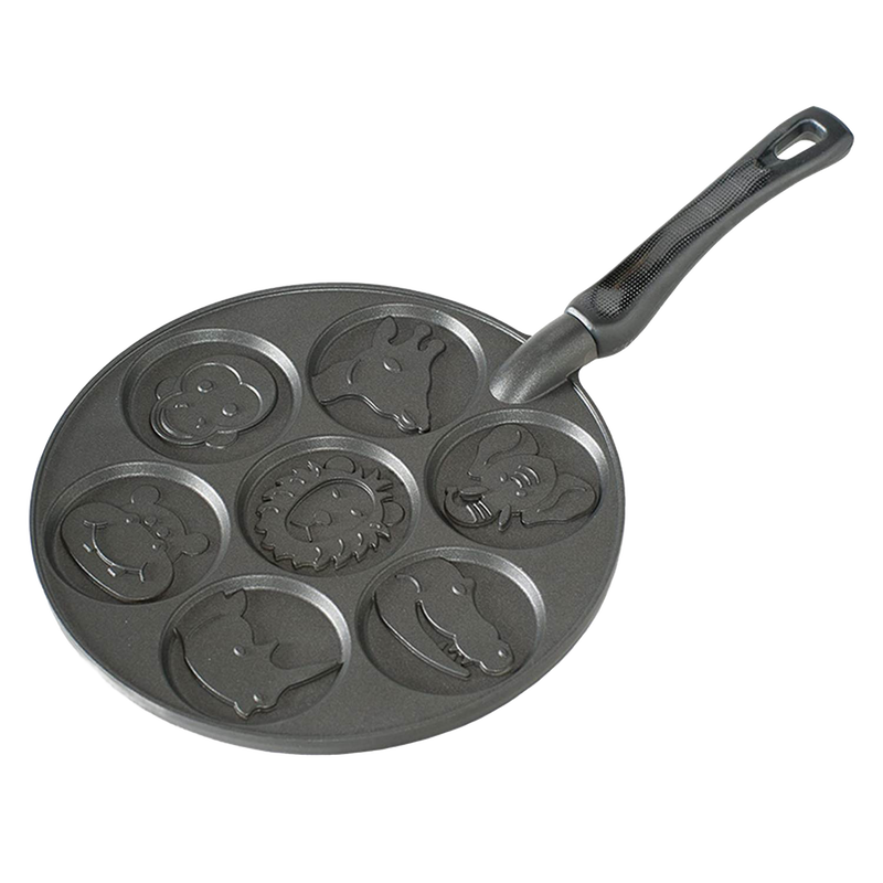 Cast aluminum pancake pan featuring seven animal-shaped molds including monkey, giraffe, lion, elephant, rhinoceros, hippo, and alligator, handcrafted in USA, ideal for Kitchen & Food and Cookware collections.
