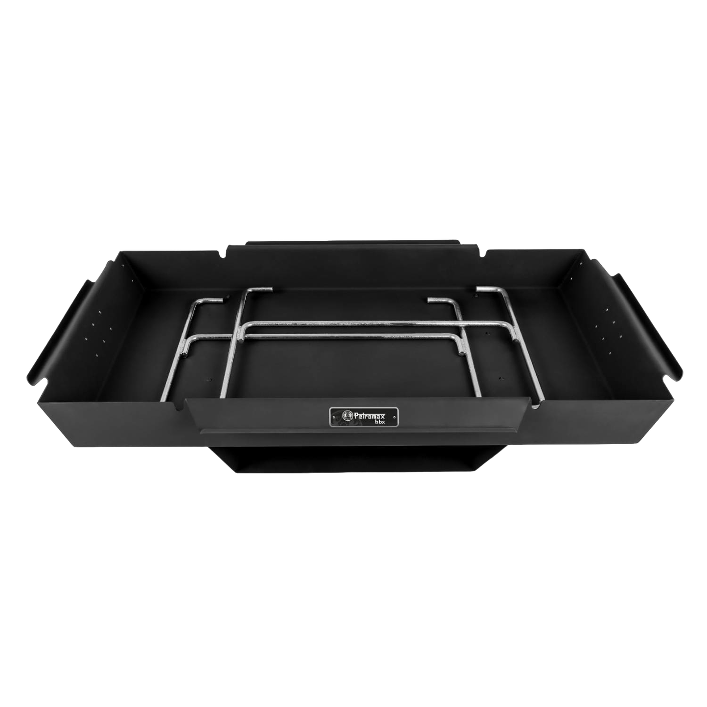 Portable black steel fire trough with integrated burner grate designed for outdoor cooking, featured in Farm, Garden & Tool, Camping, Best Sellers, and Promo Eligible collections.