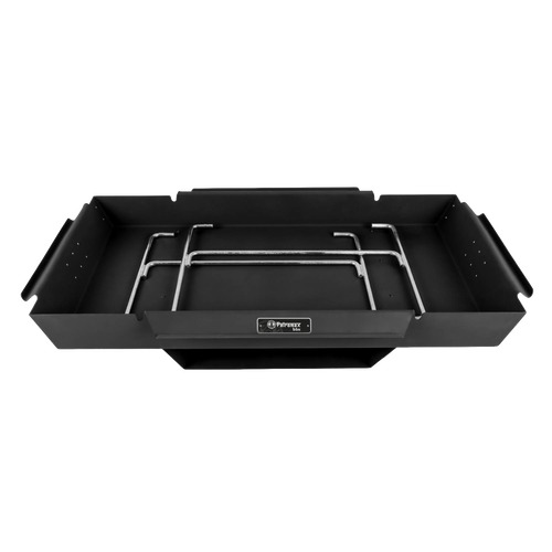 Portable black steel fire trough with integrated burner grate designed for outdoor cooking, featured in Farm, Garden & Tool, Camping, Best Sellers, and Promo Eligible collections.