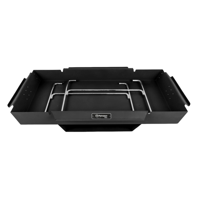 Portable black steel fire trough with integrated burner grate designed for outdoor cooking, featured in Farm, Garden & Tool, Camping, Best Sellers, and Promo Eligible collections.