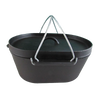 Oval cast iron roaster with flat bottom, sturdy metal handles, and fitted lid, ideal for outdoor cooking and campfire use, featured in Farm, Garden & Tool, Kitchen & Food, and Camping collections.