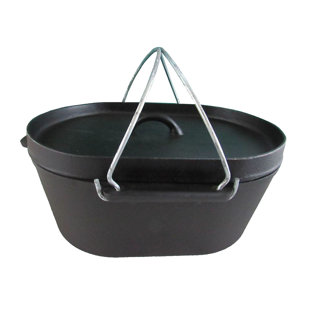 Oval cast iron roaster with flat bottom, sturdy metal handles, and fitted lid, ideal for outdoor cooking and campfire use, featured in Farm, Garden & Tool, Kitchen & Food, and Camping collections.