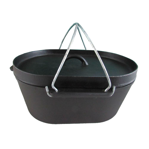 Oval cast iron roaster with flat bottom, sturdy metal handles, and fitted lid, ideal for outdoor cooking and campfire use, featured in Farm, Garden & Tool, Kitchen & Food, and Camping collections.