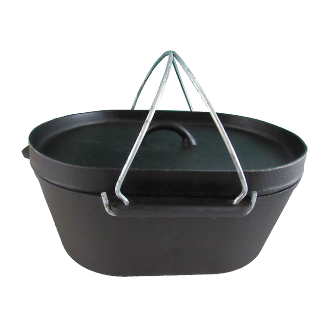 Oval cast iron roaster with flat bottom, sturdy metal handles, and fitted lid, ideal for outdoor cooking and campfire use, featured in Farm, Garden & Tool, Kitchen & Food, and Camping collections.
