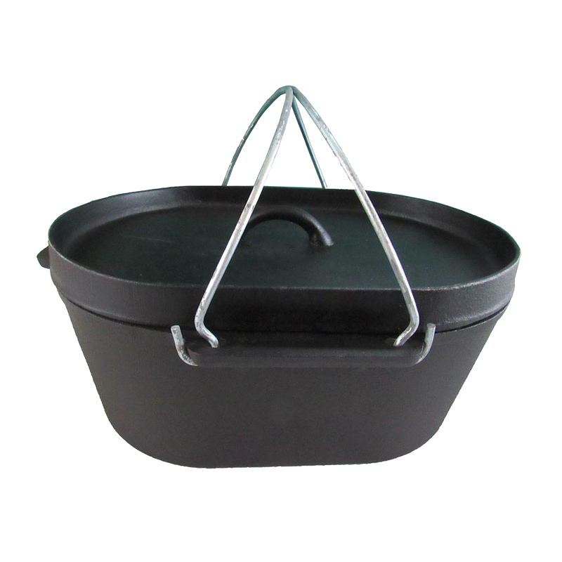 Oval cast iron roaster with flat bottom, sturdy metal handles, and fitted lid, ideal for outdoor cooking and campfire use, featured in Farm, Garden & Tool, Kitchen & Food, and Camping collections.