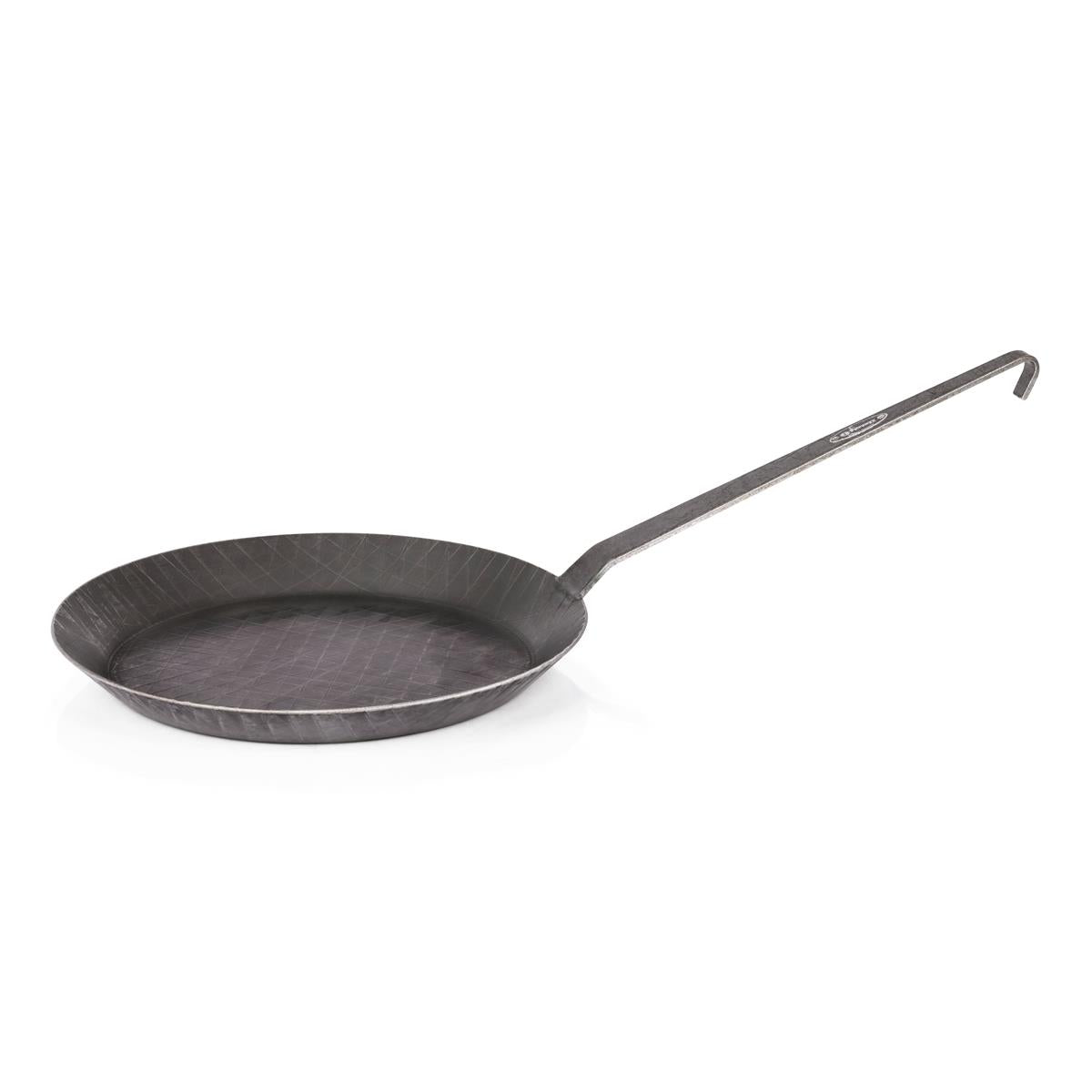 Hand-forged iron pan featuring a long handle and textured surface, designed for versatile cooking indoors or outdoors in Farm, Garden & Tool, Kitchen & Food, Camping, Cookware, Pots and Pans, Best Sellers, Promo Eligible collections.