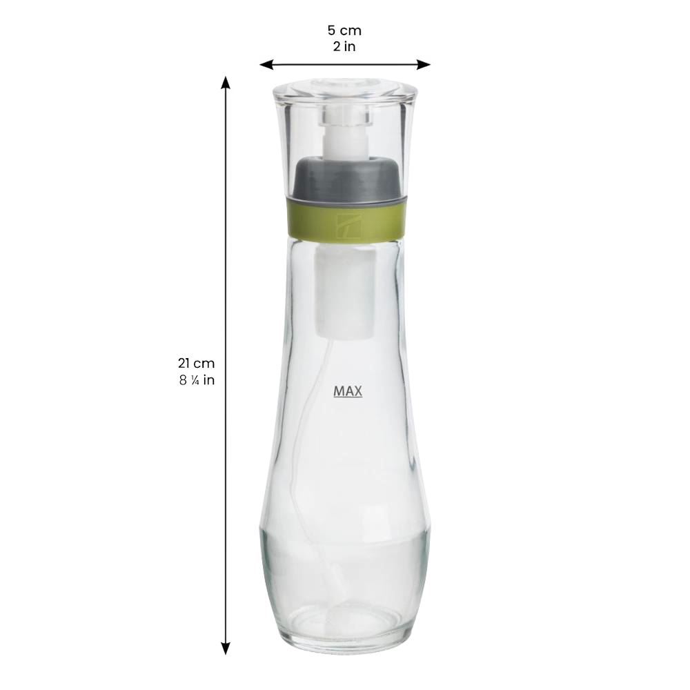 Clear glass oil spray bottle with green-accented pump and stopper, designed for precise oil application, dishwasher safe, ideal for Kitchen & Food, Cookware, and Baking Supplies collections.