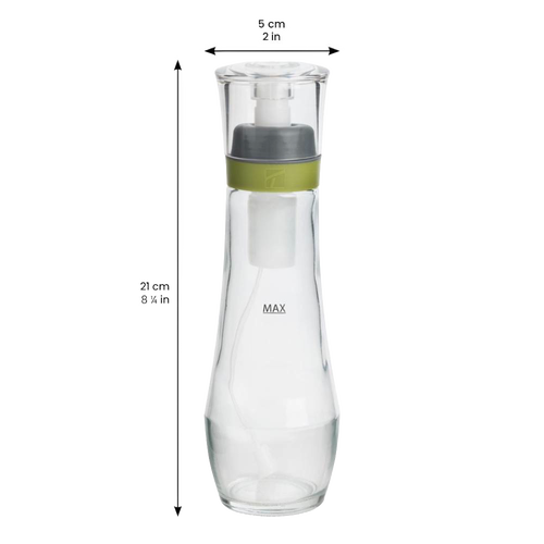 Clear glass oil spray bottle with green-accented pump and stopper, designed for precise oil application, dishwasher safe, ideal for Kitchen & Food, Cookware, and Baking Supplies collections.