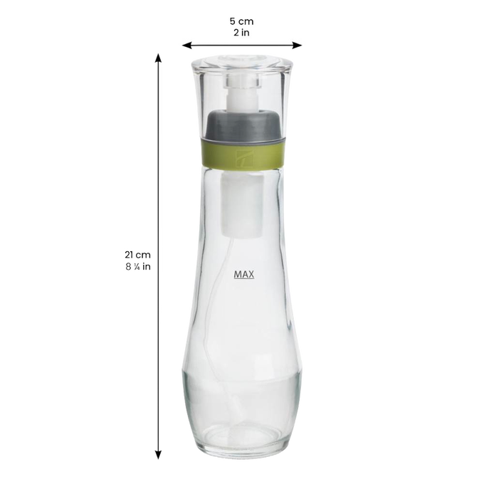Clear glass oil spray bottle with green-accented pump and stopper, designed for precise oil application, dishwasher safe, ideal for Kitchen & Food, Cookware, and Baking Supplies collections.