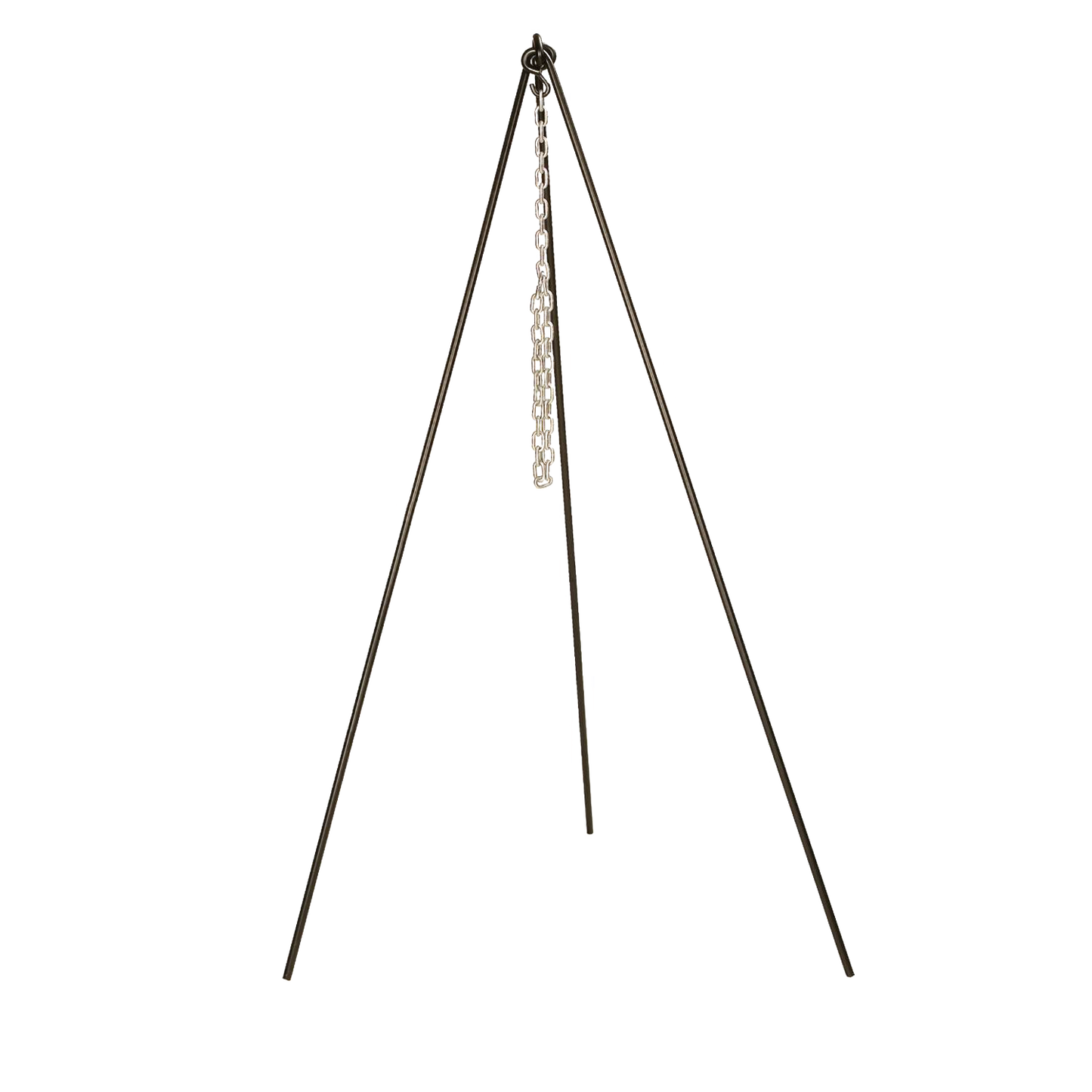 Tall Boy tripod made of solid steel with high-temp black finish and galvanized adjustable chain, designed for outdoor cooking with cast iron cookware, featured in Farm, Garden & Tool and Camping collections.
