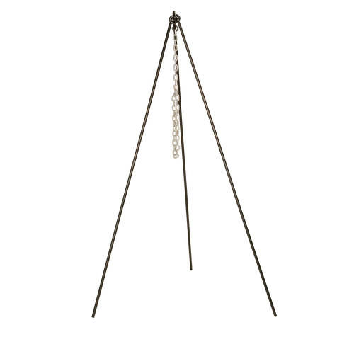 Tall Boy tripod made of solid steel with high-temp black finish and galvanized adjustable chain, designed for outdoor cooking with cast iron cookware, featured in Farm, Garden & Tool and Camping collections.