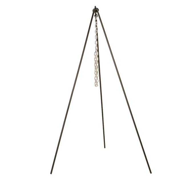 Tall Boy tripod made of solid steel with high-temp black finish and galvanized adjustable chain, designed for outdoor cooking with cast iron cookware, featured in Farm, Garden & Tool and Camping collections.