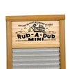 Handcrafted mini washboard with a wooden frame and galvanized wavy surface, featuring a decorative printed nameplate; ideal for Home & Decor, Laundry Supplies, USA Made, and Best Sellers collections.