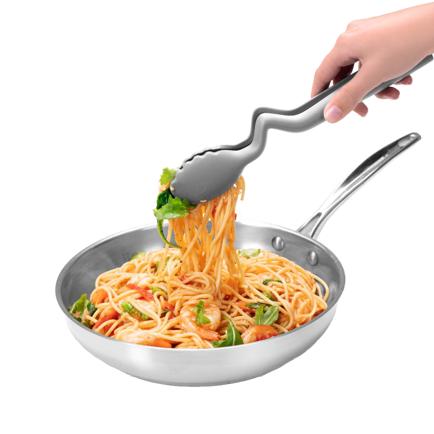 Gray nylon cooking tongs with a unique bent handle lifting spaghetti with shrimp and greens from a stainless steel skillet, featured for Kitchen & Food, Kitchen Gadgets, Cooking and Baking Helpers, Best Sellers, and Promo Eligible collections.