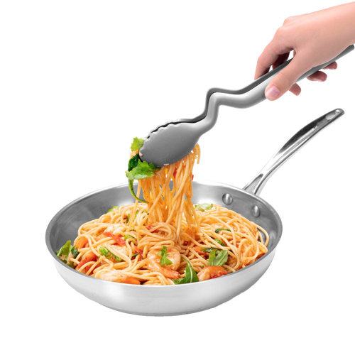 Gray nylon cooking tongs with a unique bent handle lifting spaghetti with shrimp and greens from a stainless steel skillet, featured for Kitchen & Food, Kitchen Gadgets, Cooking and Baking Helpers, Best Sellers, and Promo Eligible collections.