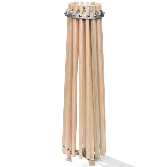 Handcrafted 16-arm floor dryer made of smoothly sanded wood with stainless steel hardware, compact design for easy storage, part of Home & Decor and Laundry Supplies collections.