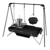 Steel portable fire pit with tripod frame, featuring a hanging cast iron pot and wire cooking grate with kettle, ideal for outdoor cooking in camping, farm, garden, and tool collections.