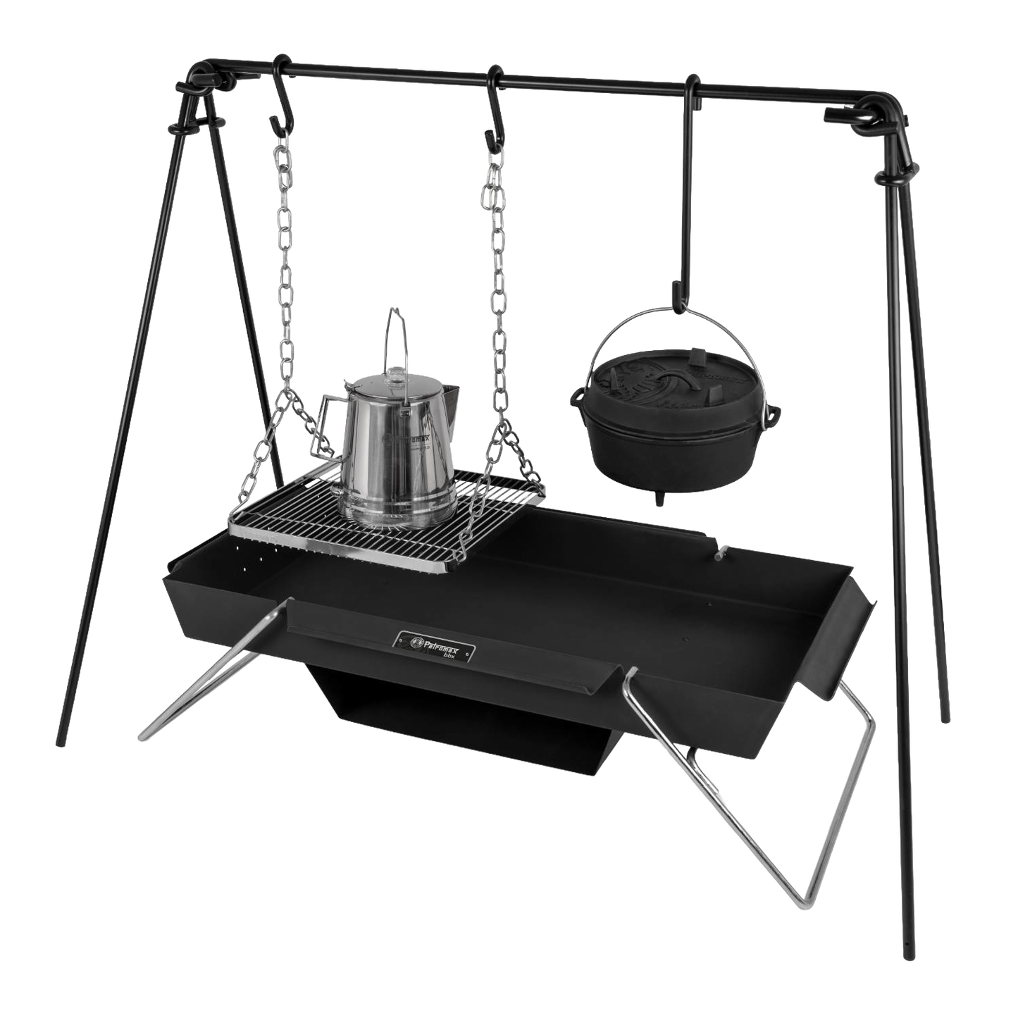 Steel portable fire pit with tripod frame, featuring a hanging cast iron pot and wire cooking grate with kettle, ideal for outdoor cooking in camping, farm, garden, and tool collections.