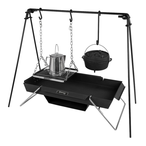 Steel portable fire pit with tripod frame, featuring a hanging cast iron pot and wire cooking grate with kettle, ideal for outdoor cooking in camping, farm, garden, and tool collections.
