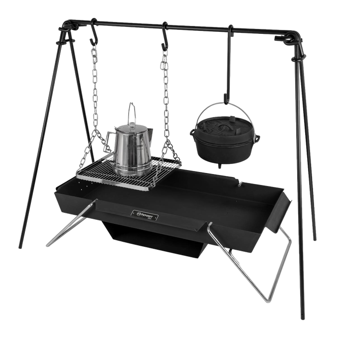 Steel portable fire pit with tripod frame, featuring a hanging cast iron pot and wire cooking grate with kettle, ideal for outdoor cooking in camping, farm, garden, and tool collections.