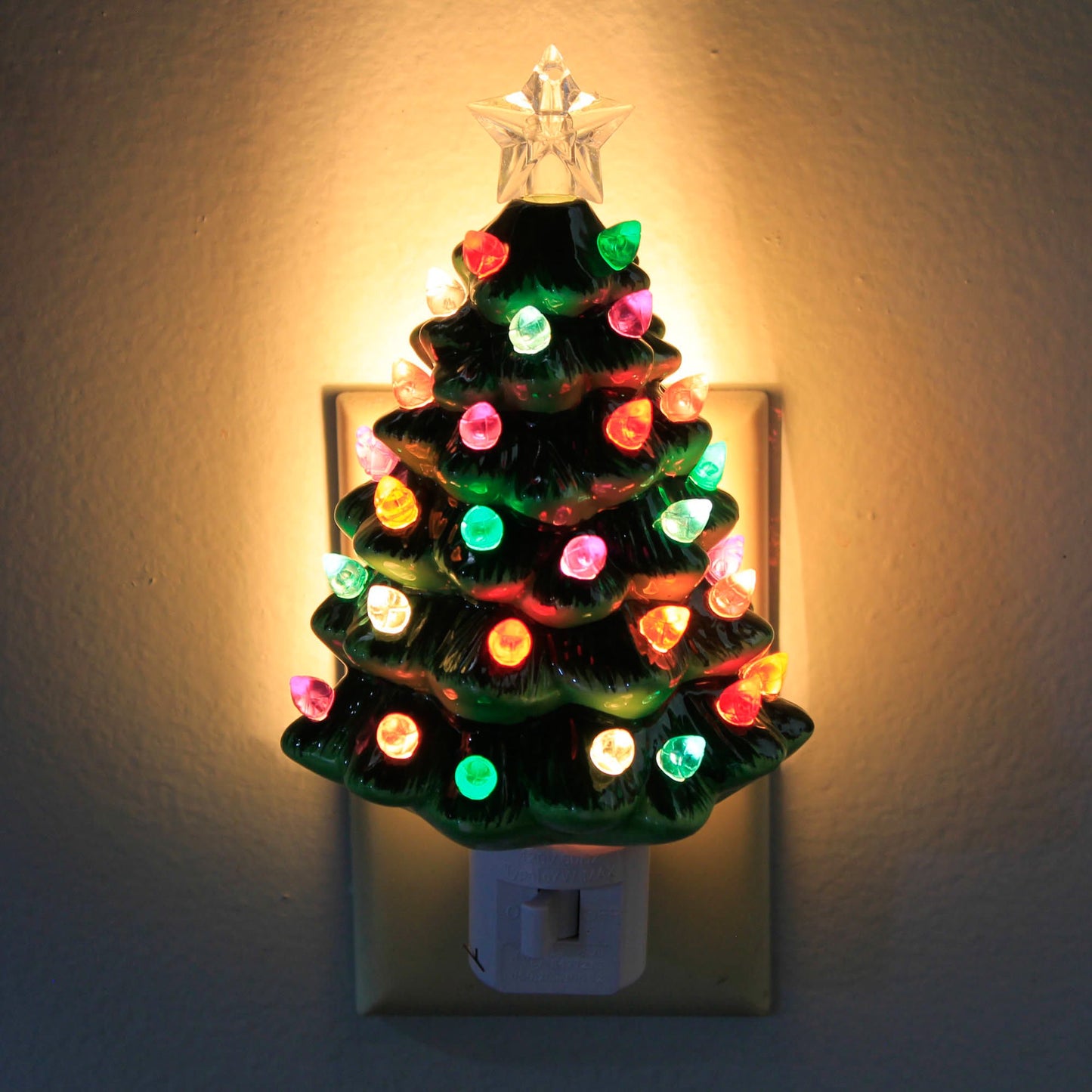 Handcrafted vintage-style ceramic tree nightlight with colorful purple, pink, green, red, yellow, blue, and clear bulbs topped with a clear star, perfect for Home & Decor, Holiday Decor, Best Sellers, and Promo Eligible collections.