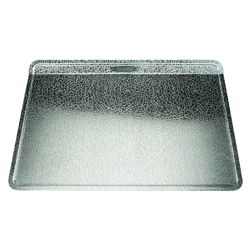 Large naturally non-stick bakeware sheet made from heavy gauge recyclable aluminum with a unique mottled silver finish, ideal for kitchen & food, bakeware, and best sellers collections.