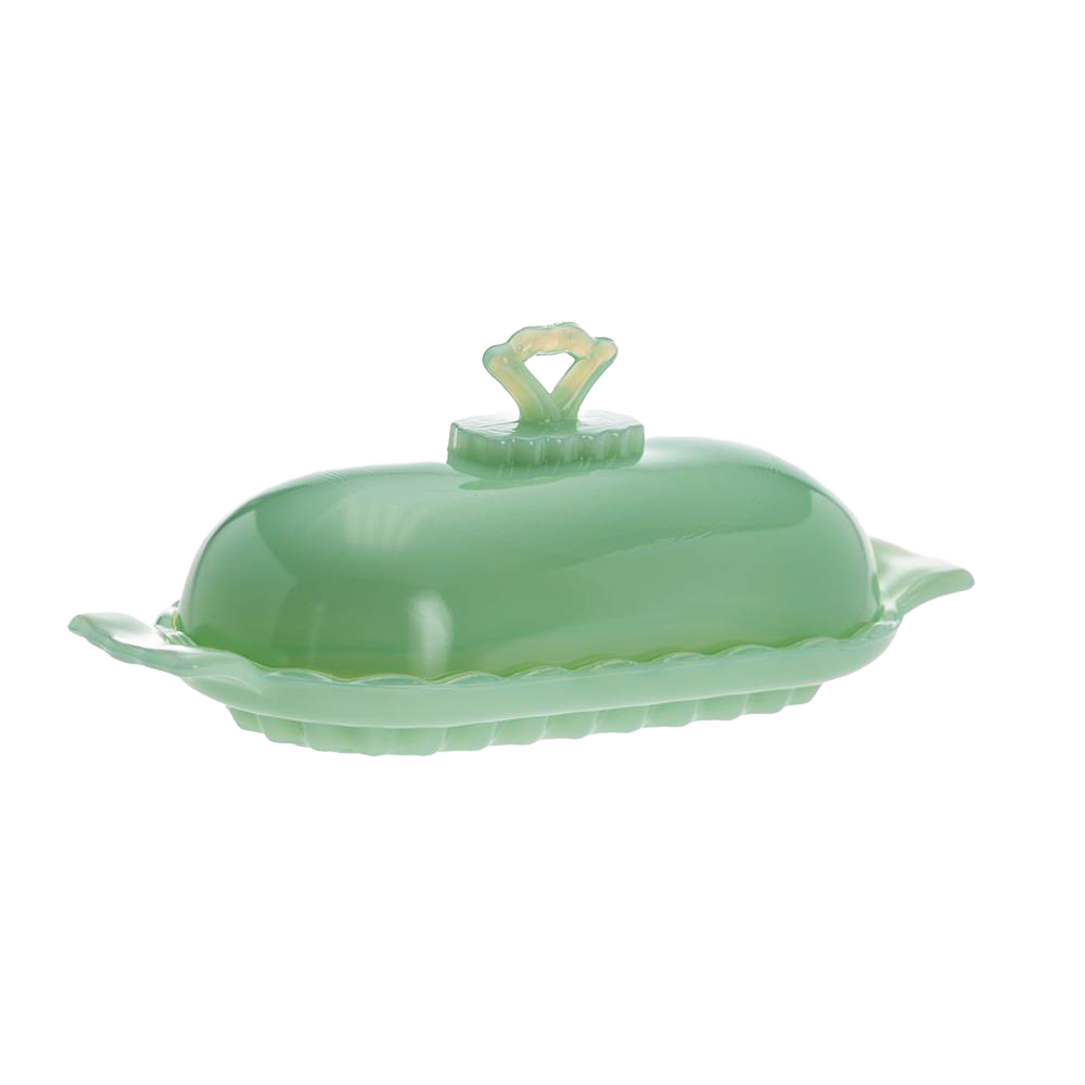 Vintage-inspired green glass butter dish with decorative handle and scalloped edge, handcrafted in the USA, perfect for Kitchen & Food, Dinnerware, Making Butter, Best Sellers, and Promo Eligible collections.