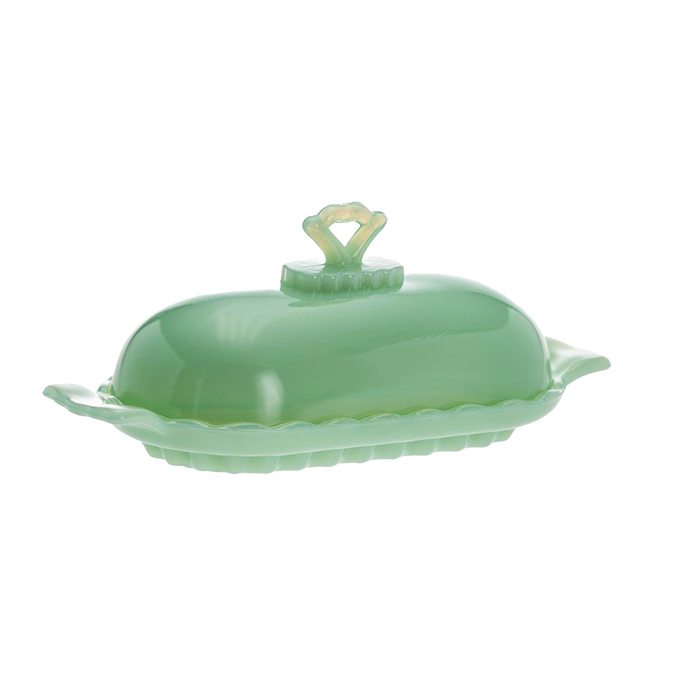 Vintage-inspired green glass butter dish with decorative handle and scalloped edge, handcrafted in the USA, perfect for Kitchen & Food, Dinnerware, Making Butter, Best Sellers, and Promo Eligible collections.