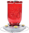 Rustic red-tinted glass hummingbird feeder with metal base featuring flower-shaped feeding ports, designed to attract birds, perfect for Farm, Garden & Tool and Animal Care collections.