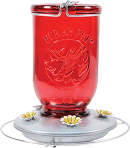 Rustic red-tinted glass hummingbird feeder with metal base featuring flower-shaped feeding ports, designed to attract birds, perfect for Farm, Garden & Tool and Animal Care collections.