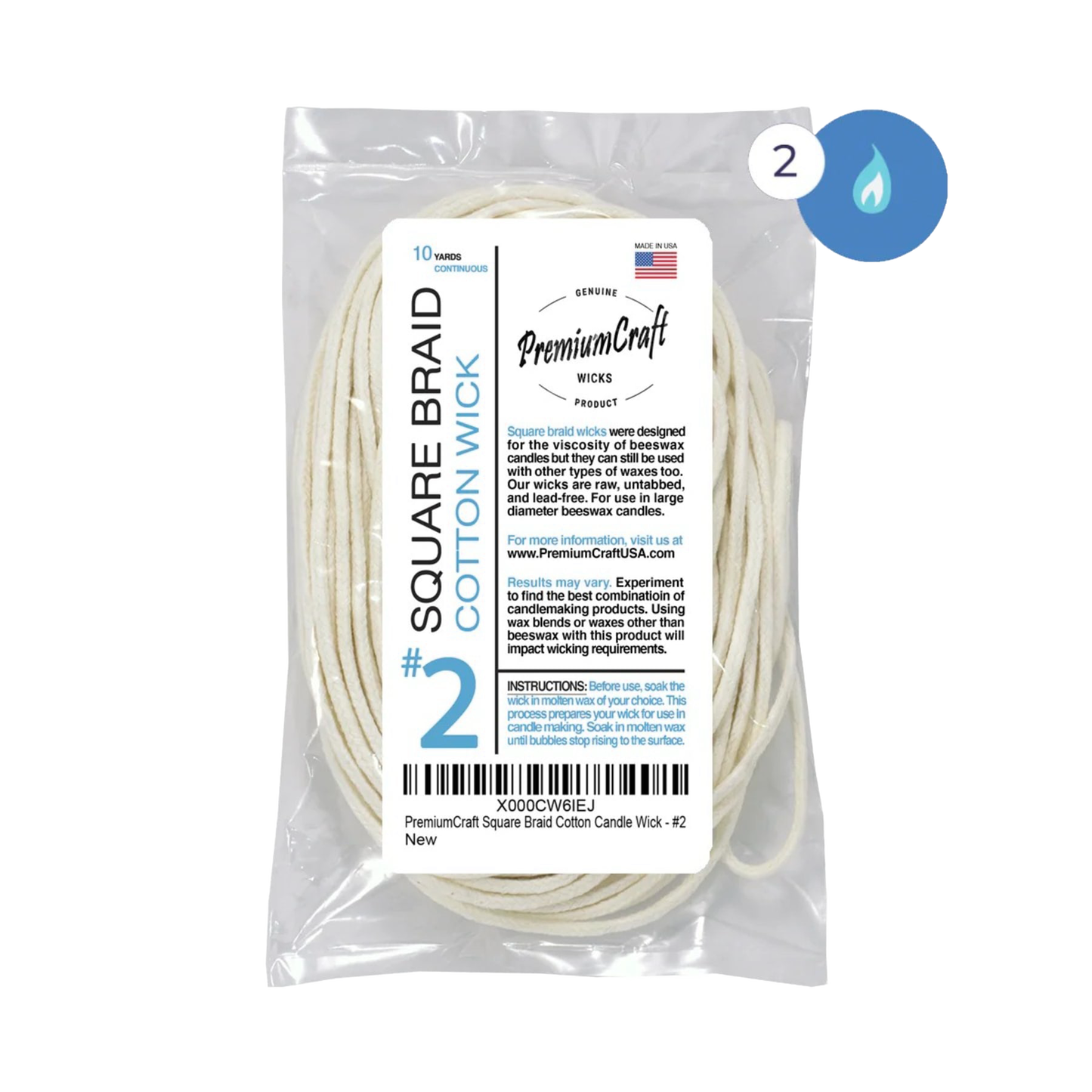 Package of premium square braided cotton wick designed for making pillar or taper candles, suitable for Lamps & Lighting, Candles and Candlemaking, and Best Sellers collections.