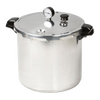 Heavy gauge aluminum pressure canner featuring secure locking lid with pressure gauge, black handles, and knob, ideal for food preservation, kitchen, and canning collections.