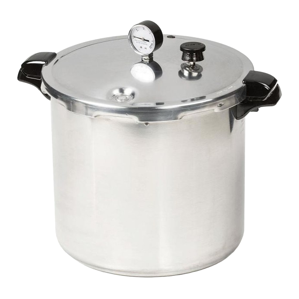 Heavy gauge aluminum pressure canner featuring secure locking lid with pressure gauge, black handles, and knob, ideal for food preservation, kitchen, and canning collections.