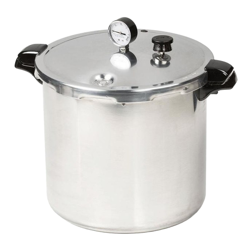 Heavy gauge aluminum pressure canner featuring secure locking lid with pressure gauge, black handles, and knob, ideal for food preservation, kitchen, and canning collections.