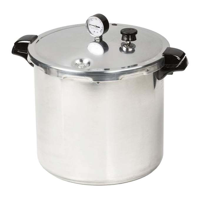 Heavy gauge aluminum pressure canner featuring secure locking lid with pressure gauge, black handles, and knob, ideal for food preservation, kitchen, and canning collections.
