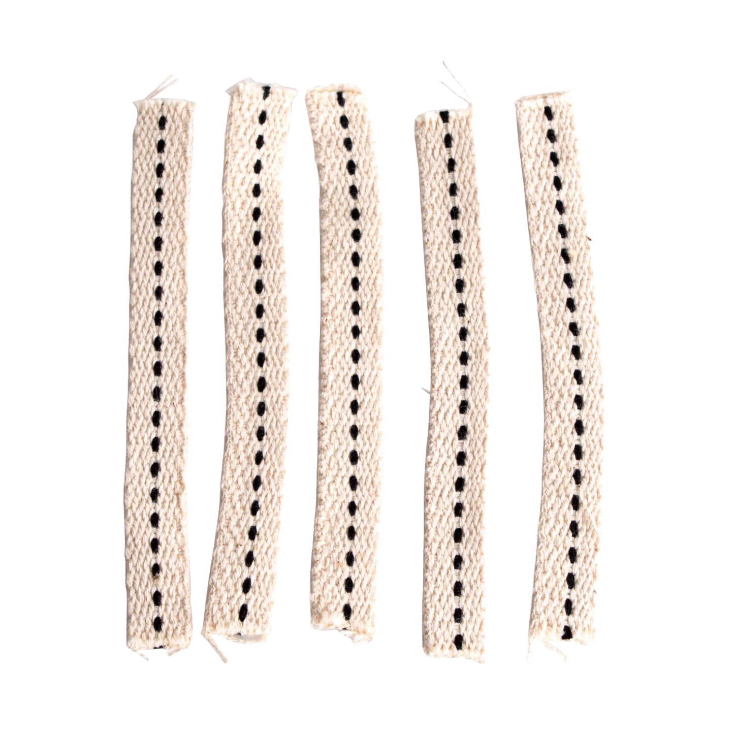 Handcrafted cotton flat wicks with a distinctive black stitched center, designed for clean and efficient fuel flow in oil lamps, suitable for emergency supplies and garden lighting.