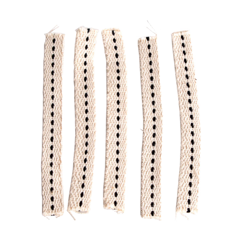 Handcrafted cotton flat wicks with a distinctive black stitched center, designed for clean and efficient fuel flow in oil lamps, suitable for emergency supplies and garden lighting.