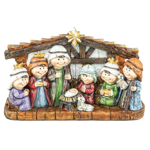 Handcrafted resin nativity scene featuring joyful figures gathered around baby Jesus in a rustic manger with a shining star, perfect for Home & Decor, Holiday Decor, Best Sellers, and Promo Eligible collections.