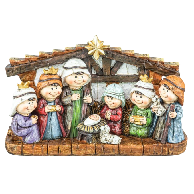 Handcrafted resin nativity scene featuring joyful figures gathered around baby Jesus in a rustic manger with a shining star, perfect for Home & Decor, Holiday Decor, Best Sellers, and Promo Eligible collections.