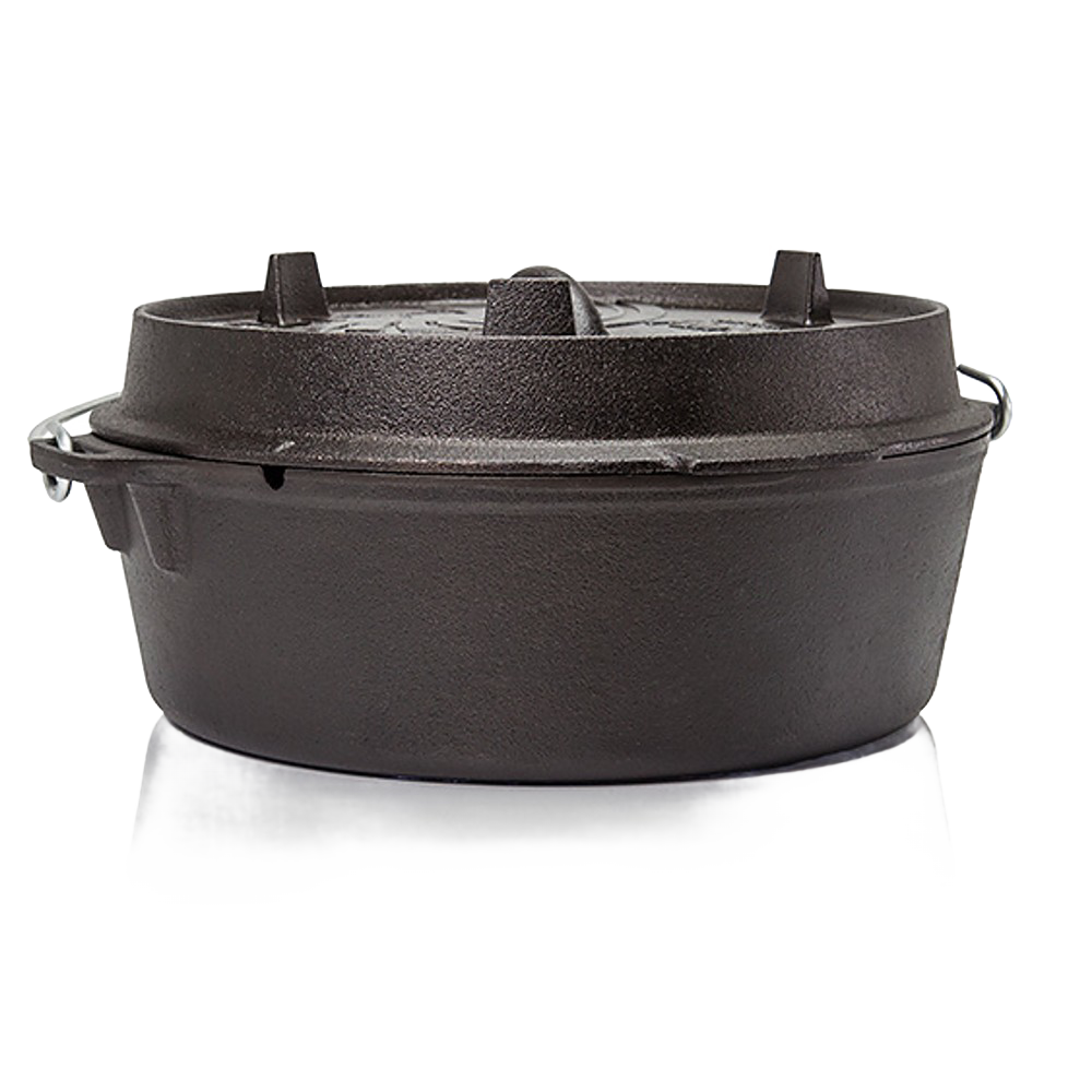 Durable cast iron Dutch oven with flat base and thick lid featuring raised feet for stacking charcoal, suitable for Kitchen & Food, Cookware, Cast Iron, Best Sellers collections.