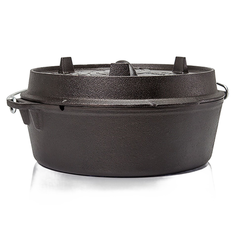 Durable cast iron Dutch oven with flat base and thick lid featuring raised feet for stacking charcoal, suitable for Kitchen & Food, Cookware, Cast Iron, Best Sellers collections.