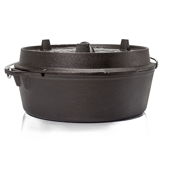 Durable cast iron Dutch oven with flat base and thick lid featuring raised feet for stacking charcoal, suitable for Kitchen & Food, Cookware, Cast Iron, Best Sellers collections.