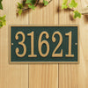 Rectangular green address plaque with gold numbers mounted on wood panel, handcrafted in the USA, enhancing curb appeal for Home & Decor, Mailboxes and Address Signs collections.