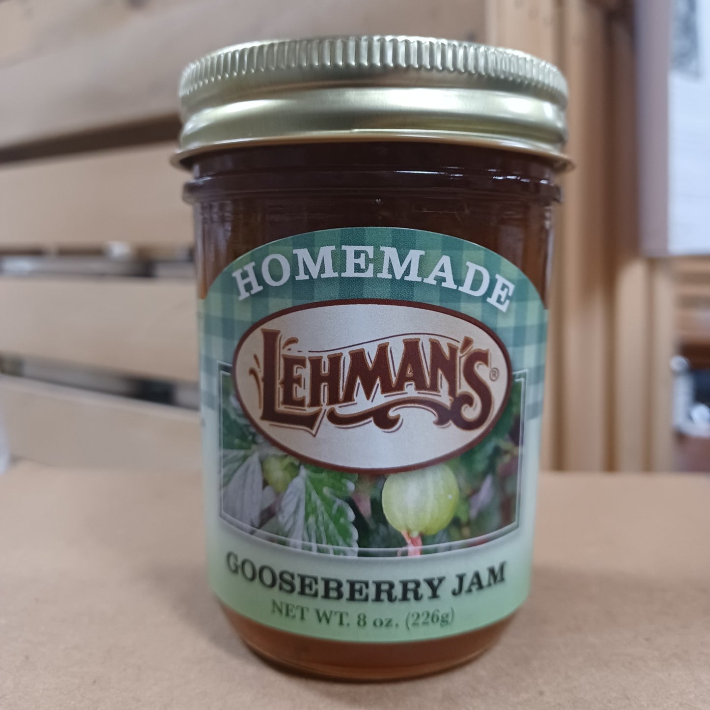 Jar of handcrafted Lehman’s gooseberry jam made with all-natural ingredients in USA, ideal for Kitchen & Food, Pantry, Peanut Butter & Jellies, USA Made, and Best Sellers collections.