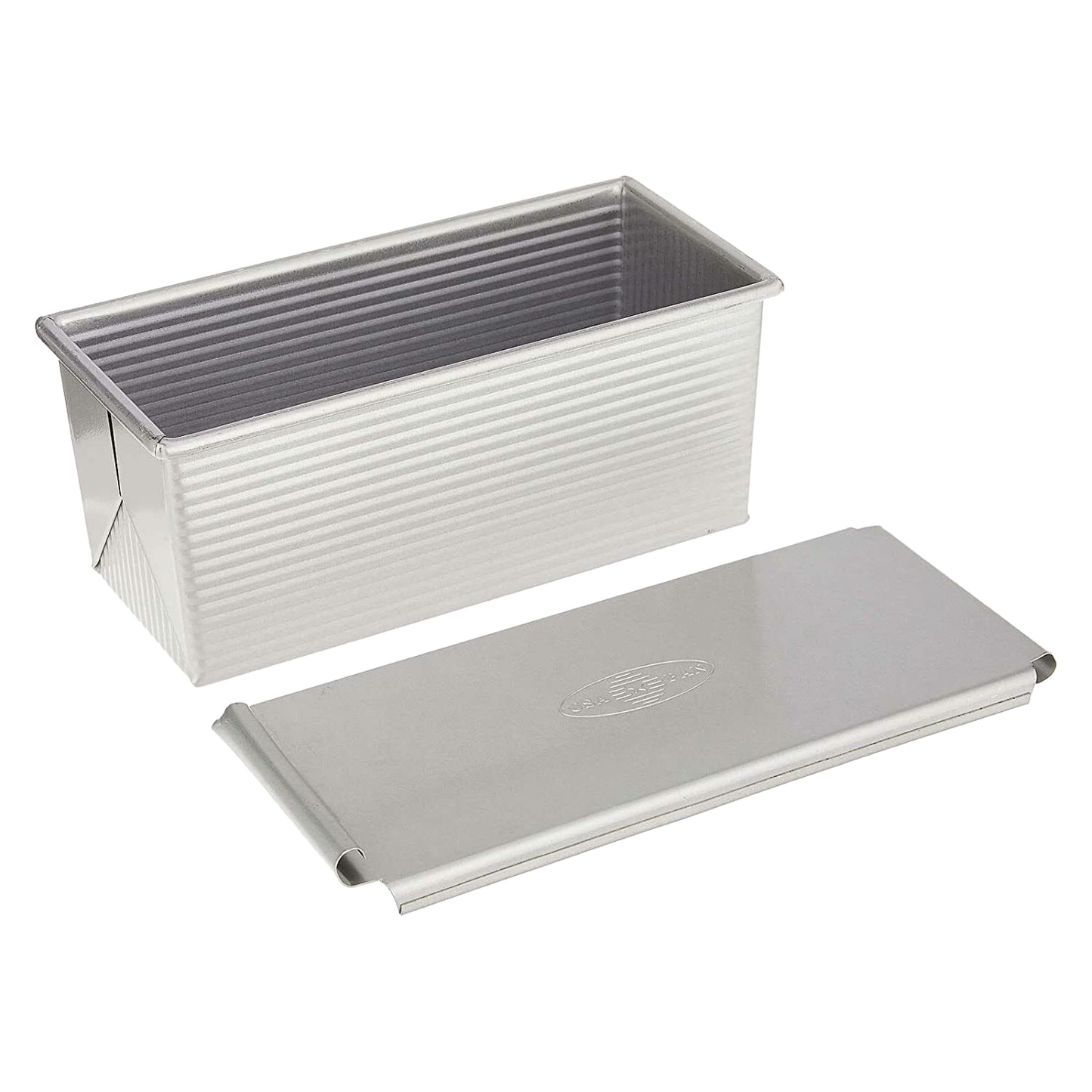 Heavy-duty aluminized steel loaf pan with matching lid, handcrafted for even heat conduction and consistent baking results; ideal for Kitchen & Food, Baking Supplies, and Cookware collections.