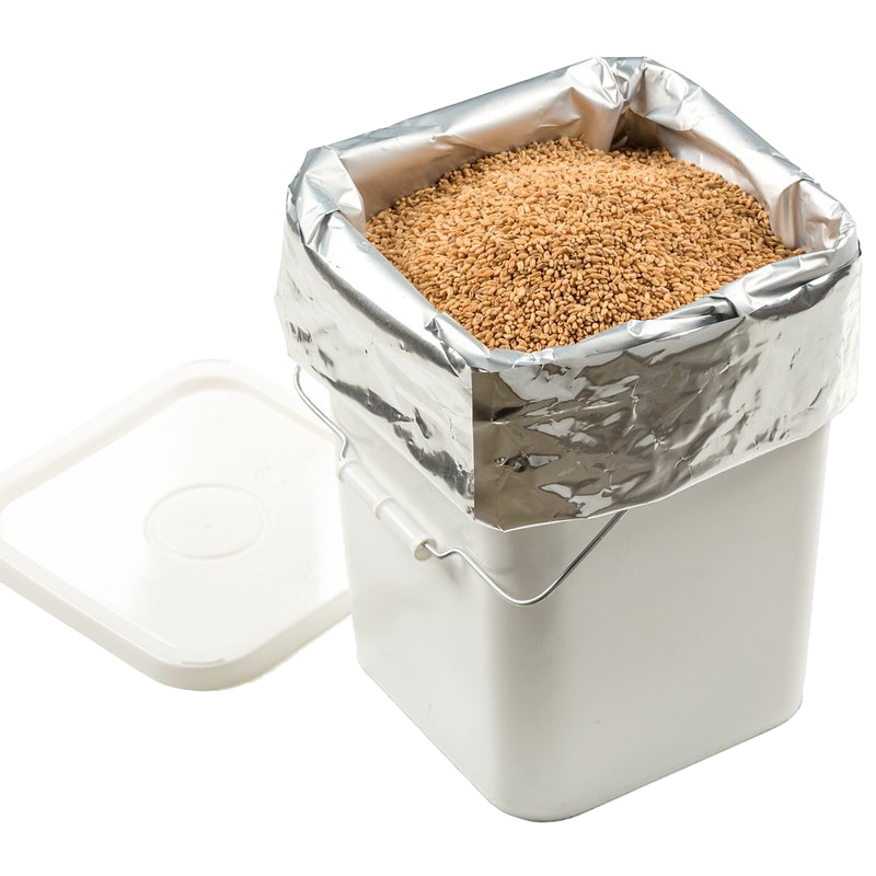 Large pack of silver mylar bags inside white plastic bucket filled with dry grains, designed for durable food storage in Kitchen & Food, Grain Mills, USA Made, and Best Sellers collections.