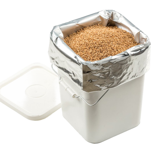 Large pack of silver mylar bags inside white plastic bucket filled with dry grains, designed for durable food storage in Kitchen & Food, Grain Mills, USA Made, and Best Sellers collections.