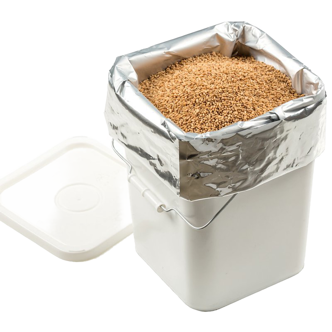 Large pack of silver mylar bags inside white plastic bucket filled with dry grains, designed for durable food storage in Kitchen & Food, Grain Mills, USA Made, and Best Sellers collections.