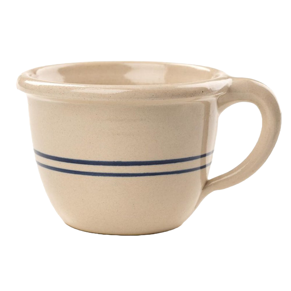 Handcrafted stoneware chili bowl in natural color with double blue stripes and handle, made in USA, ideal for Kitchen & Food, Dinnerware, USA Made, Best Sellers, and Promo Eligible collections.