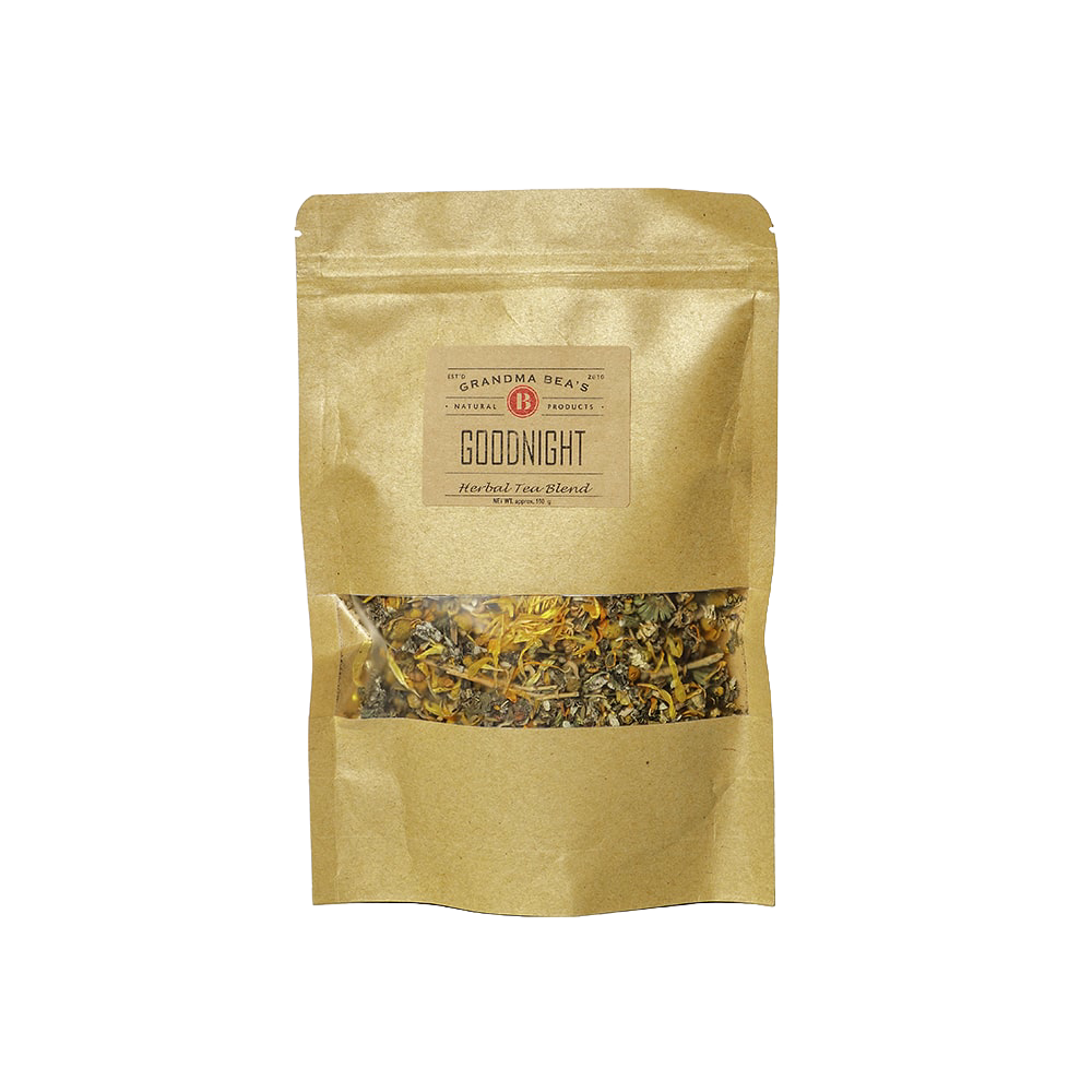 Resealable kraft paper pouch of handcrafted Goodnight herbal tea blend with loose leaf herbs, made in USA, ideal for Kitchen & Food, Brewing Coffee and Tea, Best Sellers, and Promo Eligible collections.